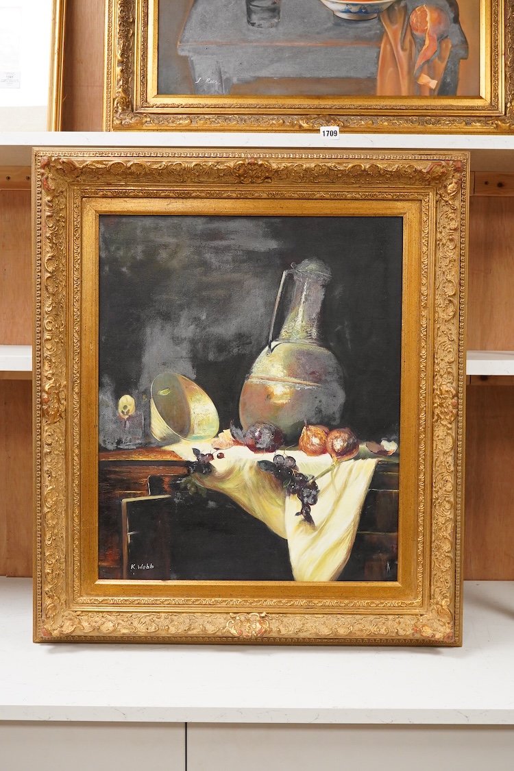 K Webb, Contemporary, Still life of a bowl and scattered fruit on a side table, signed, oil on canvas, 59 x 48cm, ornate gilt frame